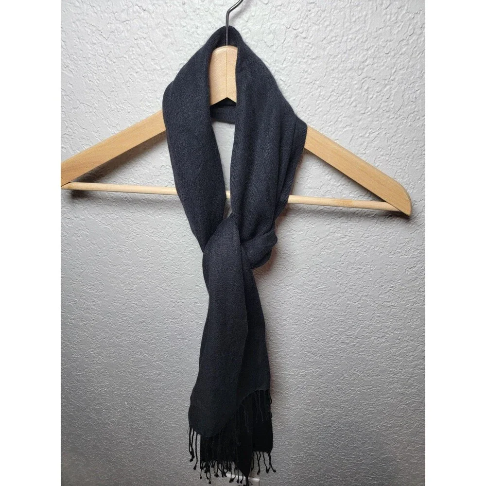 Pashmina Black Scarf Wrap 70% Pashmina 30% Silk Handmade Nepal Fringe 64